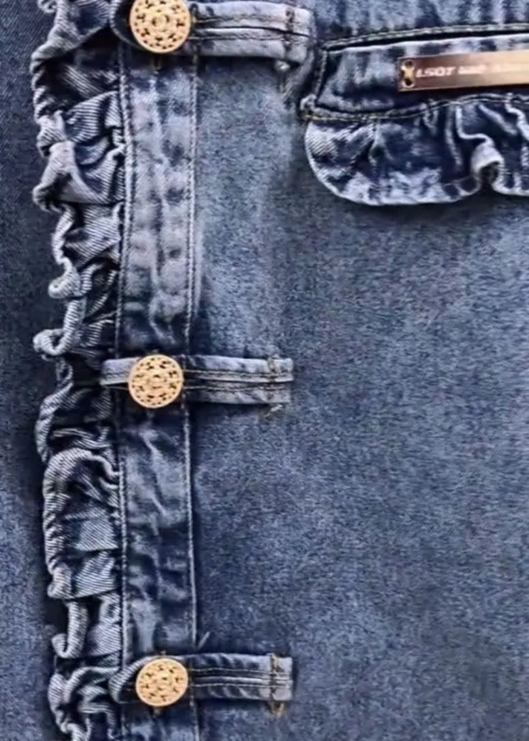 New Blue Ruffled Button Denim Coats Long Sleeve Cg1056