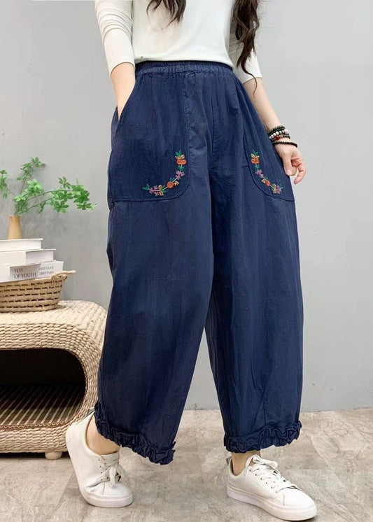 New Blue Ruffled Pockets Elastic Waist Cotton Crop Pants Summer Vv054
