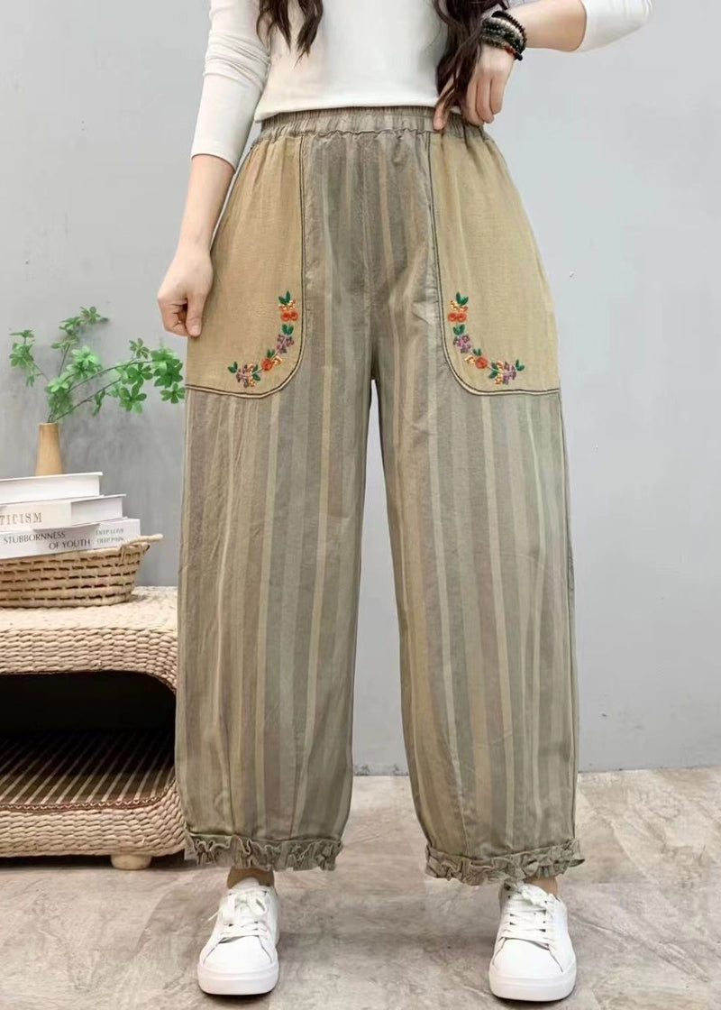 New Blue Ruffled Pockets Elastic Waist Cotton Crop Pants Summer Vv054