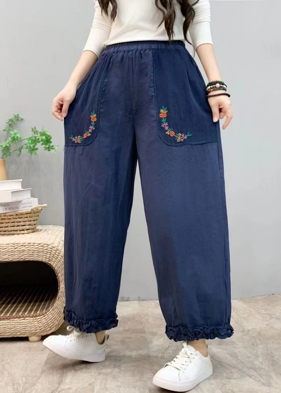 New Blue Ruffled Pockets Elastic Waist Cotton Crop Pants Summer Vv054