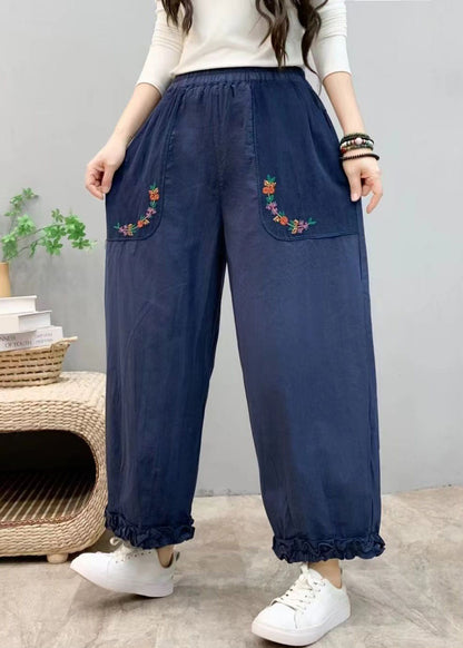 New Blue Ruffled Pockets Elastic Waist Cotton Crop Pants Summer Vv054