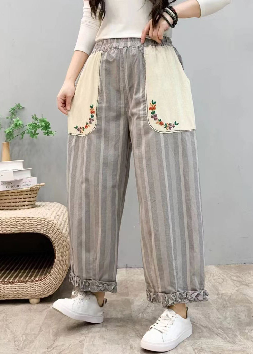 New Blue Ruffled Pockets Elastic Waist Cotton Crop Pants Summer Vv054