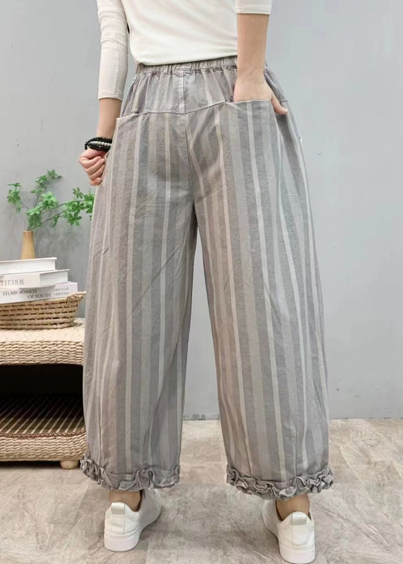 New Blue Ruffled Pockets Elastic Waist Cotton Crop Pants Summer Vv054