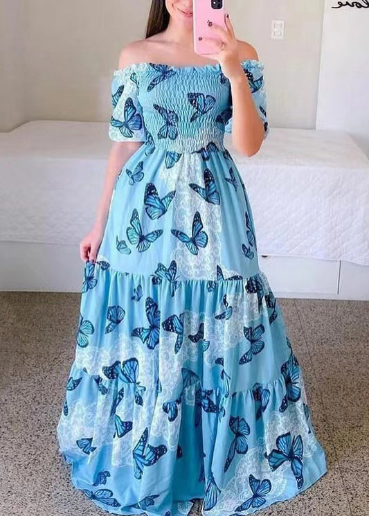 New Blue Ruffled Print Cotton Long Dress Summer Ww1061