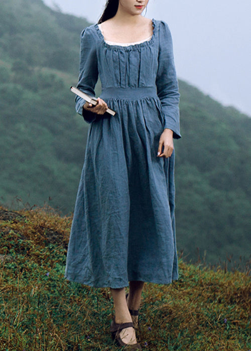 New Blue Square Collar Ruffled Linen Long Dresses Long Sleeve Ah619