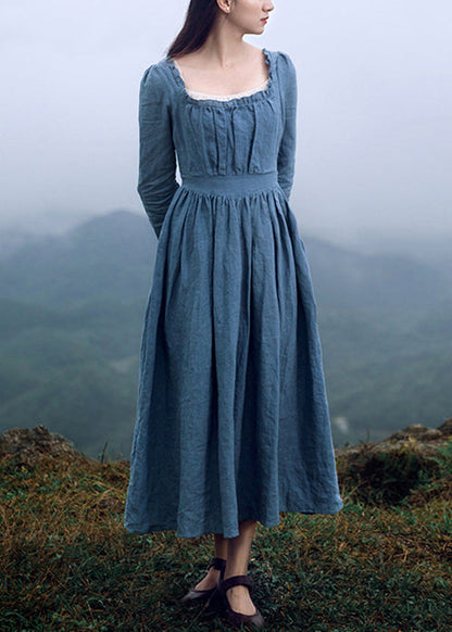 New Blue Square Collar Ruffled Linen Long Dresses Long Sleeve Ah619