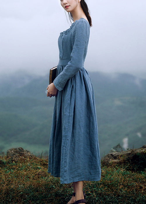 New Blue Square Collar Ruffled Linen Long Dresses Long Sleeve Ah619