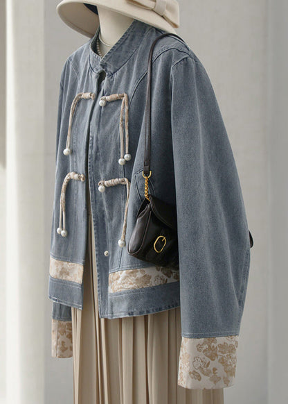 New Blue Stand Collar Button Patchwork Denim Coats Long Sleeve Qa1090