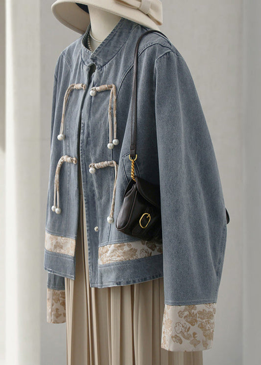 New Blue Stand Collar Button Patchwork Denim Coats Long Sleeve Qa1090