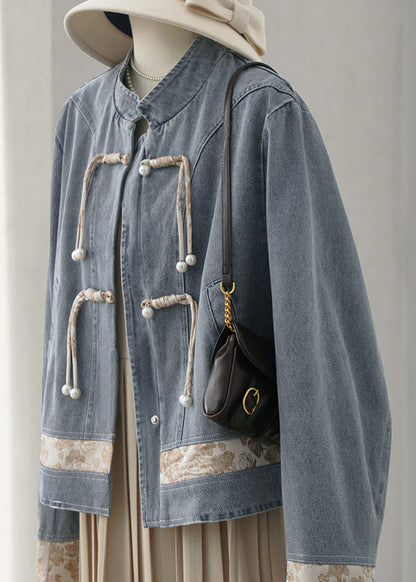New Blue Stand Collar Button Patchwork Denim Coats Long Sleeve Qa1090