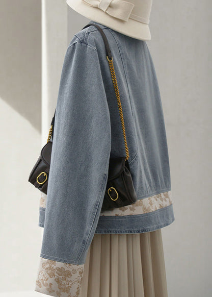 New Blue Stand Collar Button Patchwork Denim Coats Long Sleeve Qa1090