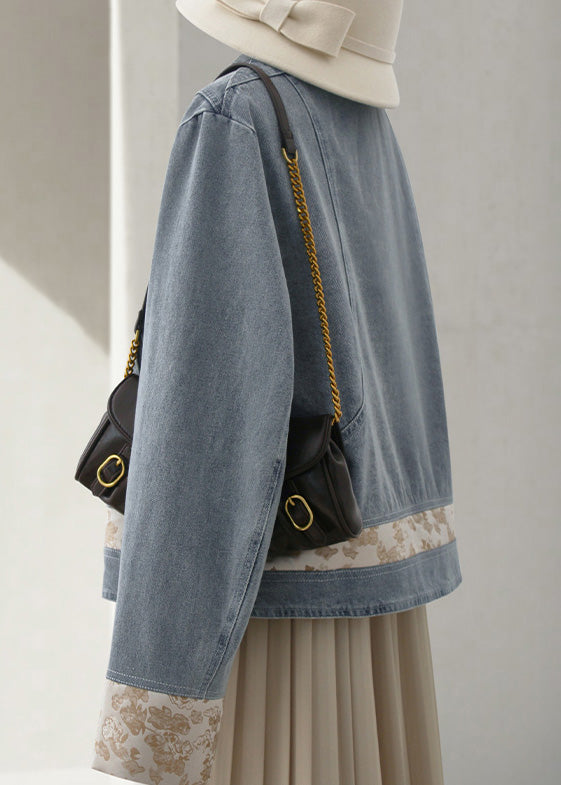 New Blue Stand Collar Button Patchwork Denim Coats Long Sleeve Qa1090