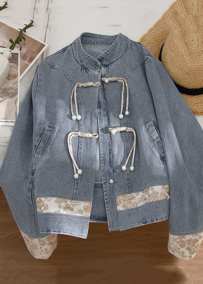 New Blue Stand Collar Button Patchwork Denim Coats Long Sleeve Qa1090