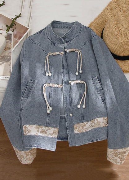 New Blue Stand Collar Button Patchwork Denim Coats Long Sleeve Qa1090