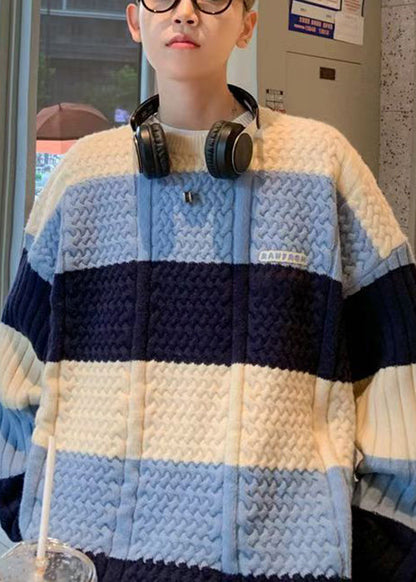 New Blue Striped Cozy Patchwork Knit Sweater Fall Qh031