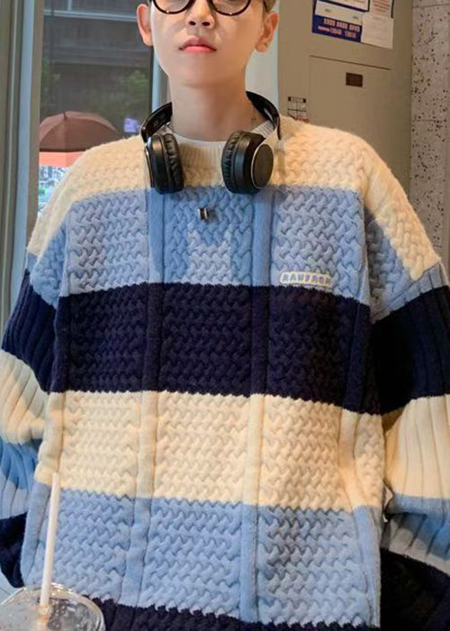 New Blue Striped Cozy Patchwork Knit Sweater Fall Qh031