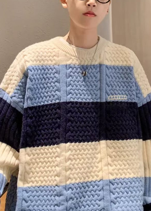 New Blue Striped Cozy Patchwork Knit Sweater Fall Qh031
