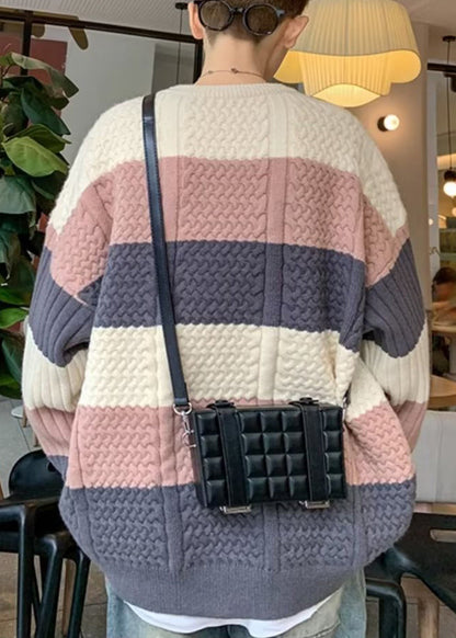 New Blue Striped Cozy Patchwork Knit Sweater Fall Qh031