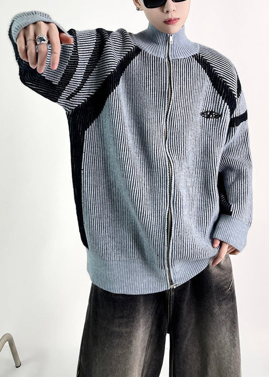 New Blue Striped Zip Up Knit Coat Fall Qf034