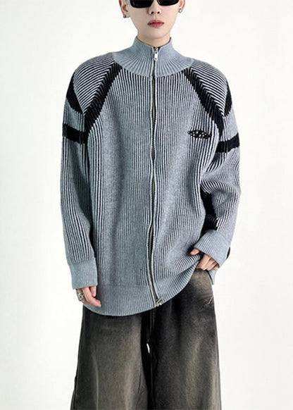 New Blue Striped Zip Up Knit Coat Fall Qf034