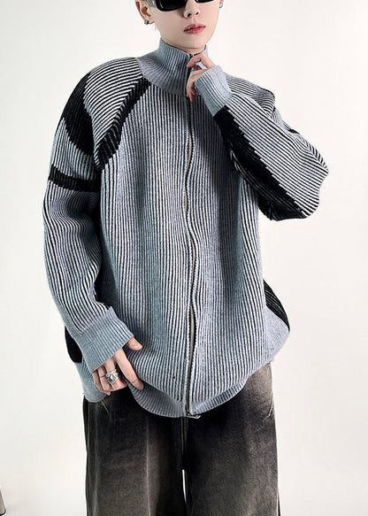 New Blue Striped Zip Up Knit Coat Fall Qf034