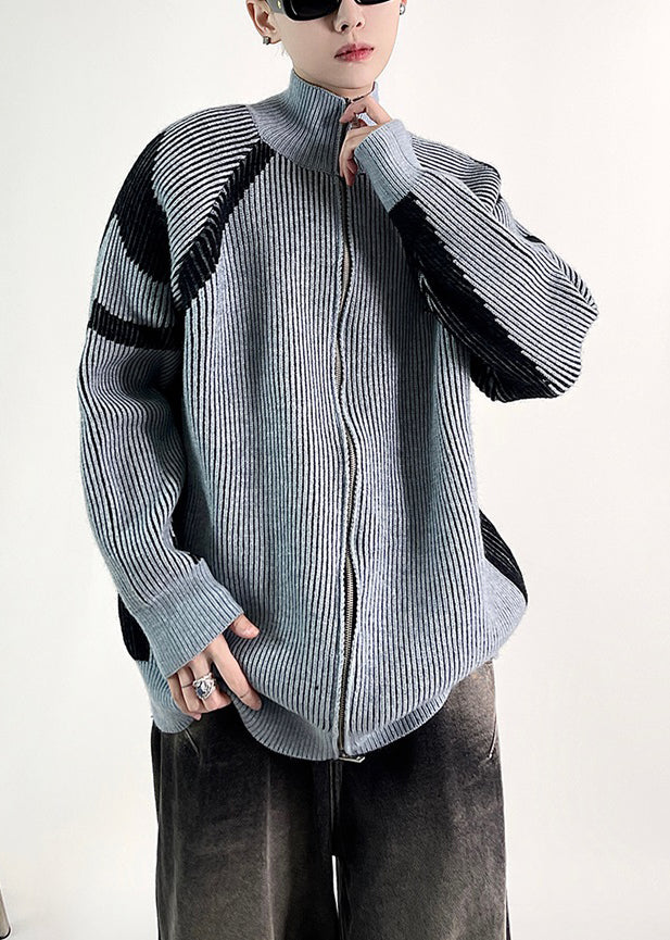 New Blue Striped Zip Up Knit Coat Fall Qf034
