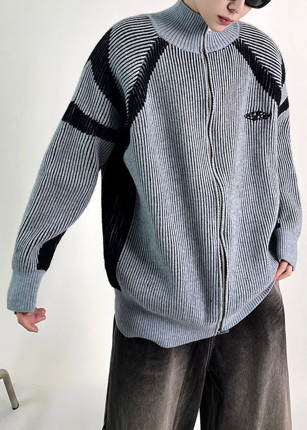 New Blue Striped Zip Up Knit Coat Fall Qf034
