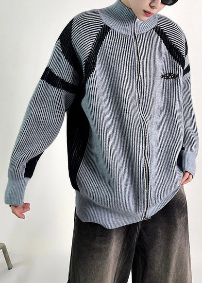 New Blue Striped Zip Up Knit Coat Fall Qf034