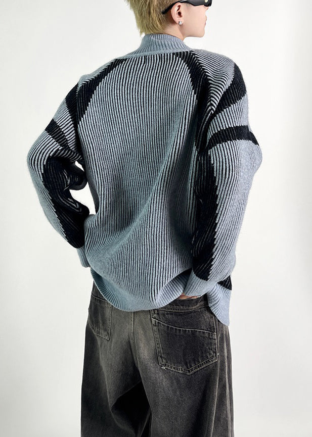New Blue Striped Zip Up Knit Coat Fall Qf034