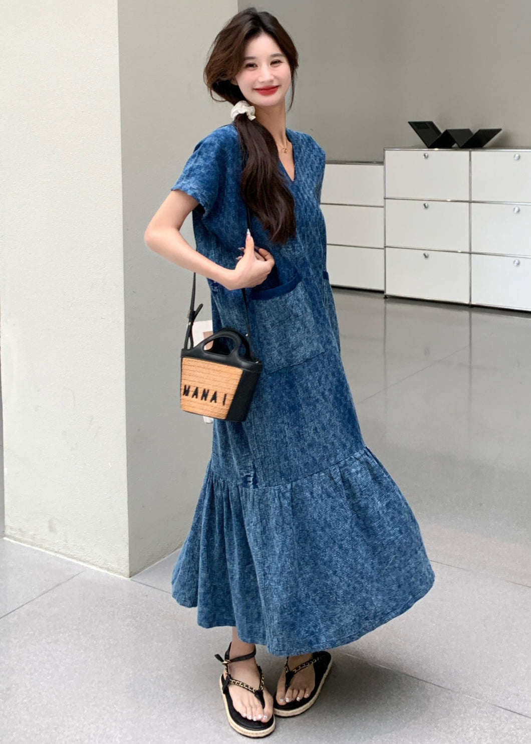New Blue V Neck Pockets Denim Long Dress Summer Mn037