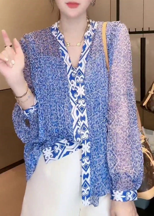 New Blue V Neck Print Chiffon Blouse Long Sleeve Ab1021