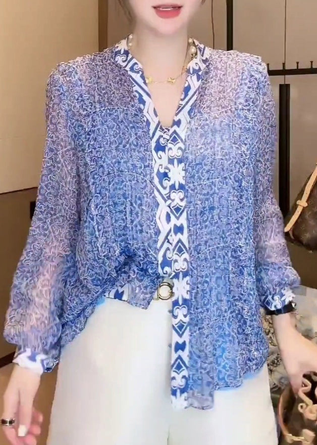 New Blue V Neck Print Chiffon Blouse Long Sleeve Ab1021