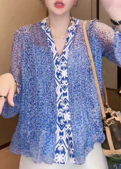 New Blue V Neck Print Chiffon Blouse Long Sleeve Ab1021