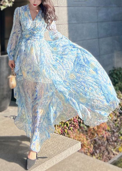 New Blue V Neck Print Chiffon Long Dresses Long Sleeve Aj1039