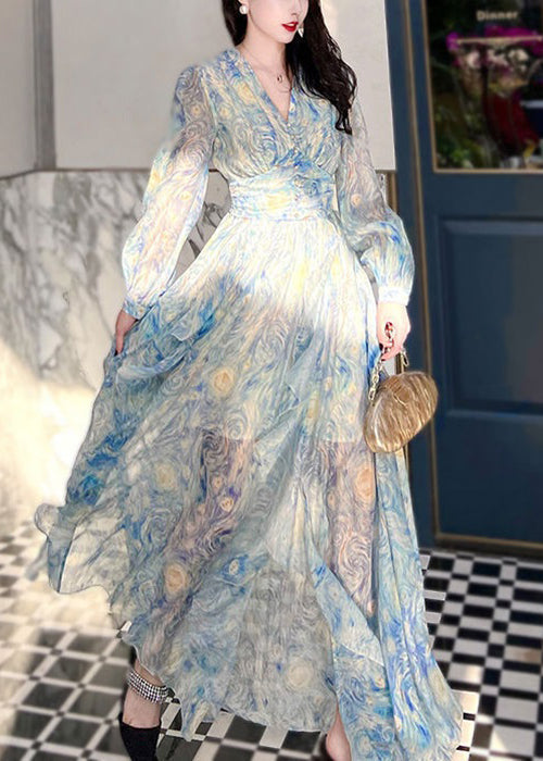 New Blue V Neck Print Chiffon Long Dresses Long Sleeve Aj1039