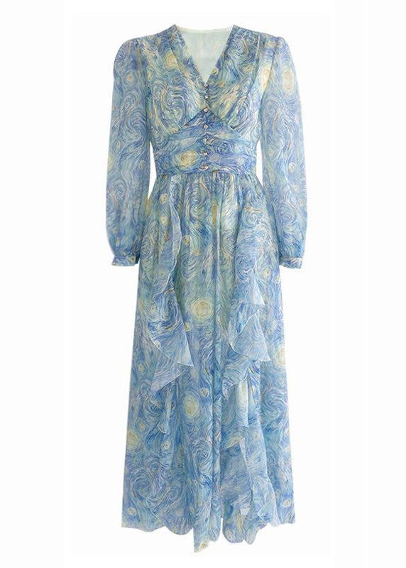 New Blue V Neck Print Chiffon Long Dresses Long Sleeve Aj1039