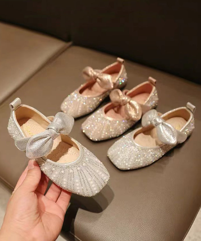 Shoes Silver New Zircon Flat Nail Kids Bow Faux Bead
