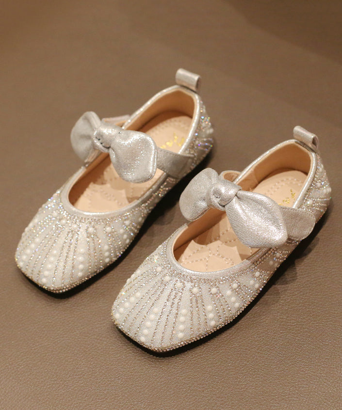 Shoes Silver New Zircon Flat Nail Kids Bow Faux Bead