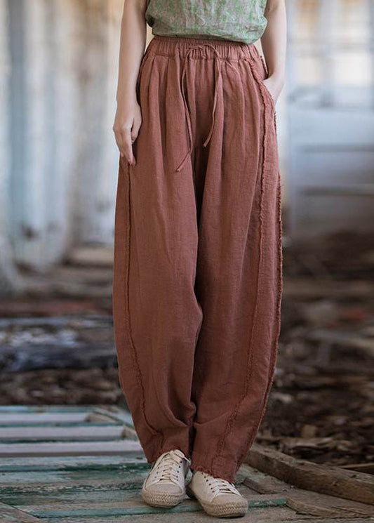 New Brick Red Pockets Drawstring Linen Pants Summer Qe028