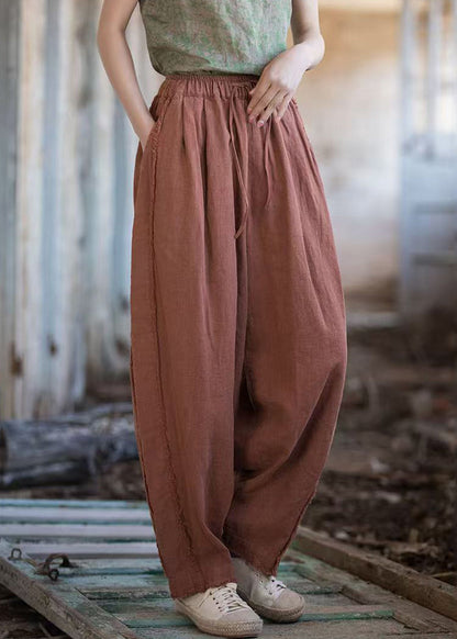 New Brick Red Pockets Drawstring Linen Pants Summer Qe028