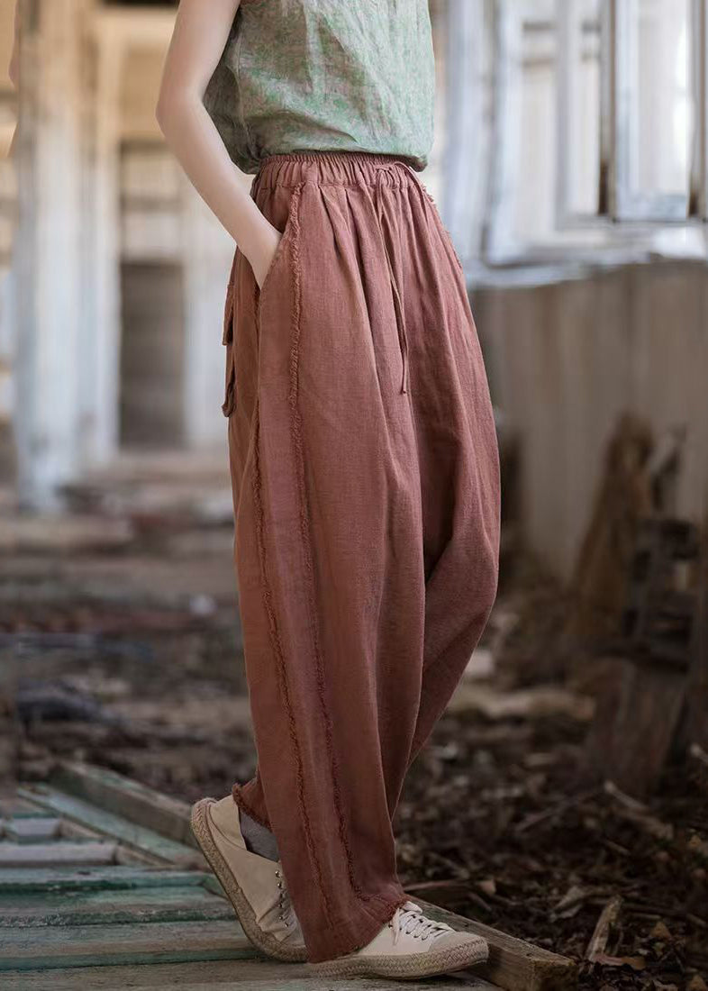 New Brick Red Pockets Drawstring Linen Pants Summer Qe028