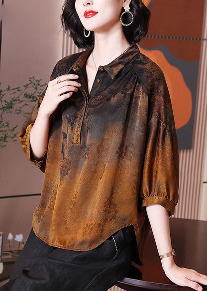 New Brown Peter Pan Collarbutton Silk Blouse Half Sleeve Qv057