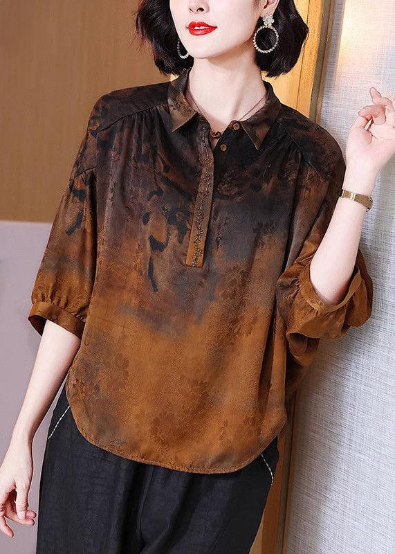 New Brown Peter Pan Collarbutton Silk Blouse Half Sleeve Qv057