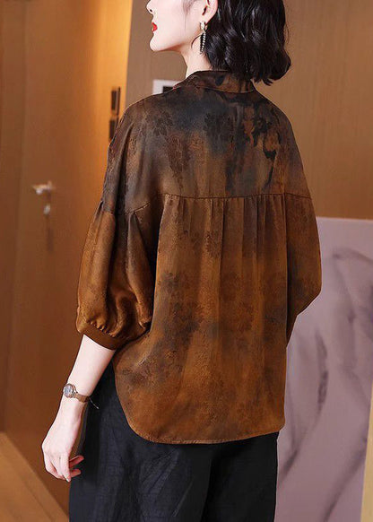 New Brown Peter Pan Collarbutton Silk Blouse Half Sleeve Qv057