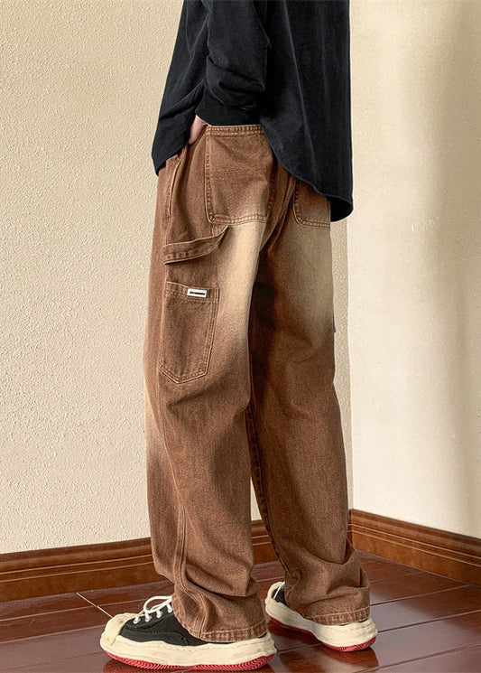 Denim New Spring Brown Waist Pants Pockets Elastic