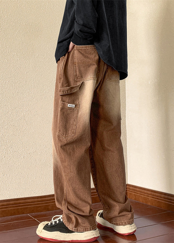Denim New Spring Brown Waist Pants Pockets Elastic