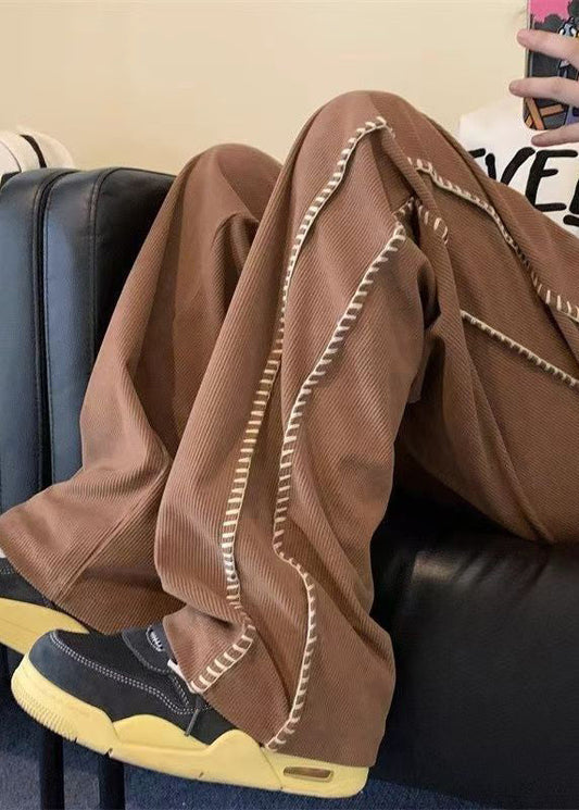 New Brown Pockets Elastic Waist Warm Fleece Corduroy Pants Spring Rm044