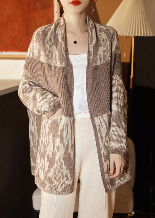 New Camel Pockets Patchwork Wool Knit Cardigan Batwing Sleeve Qa1072