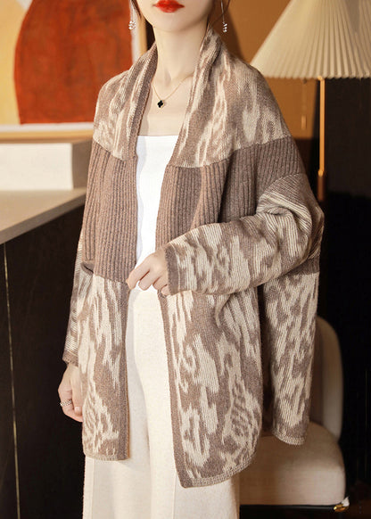 New Camel Pockets Patchwork Wool Knit Cardigan Batwing Sleeve Qa1072
