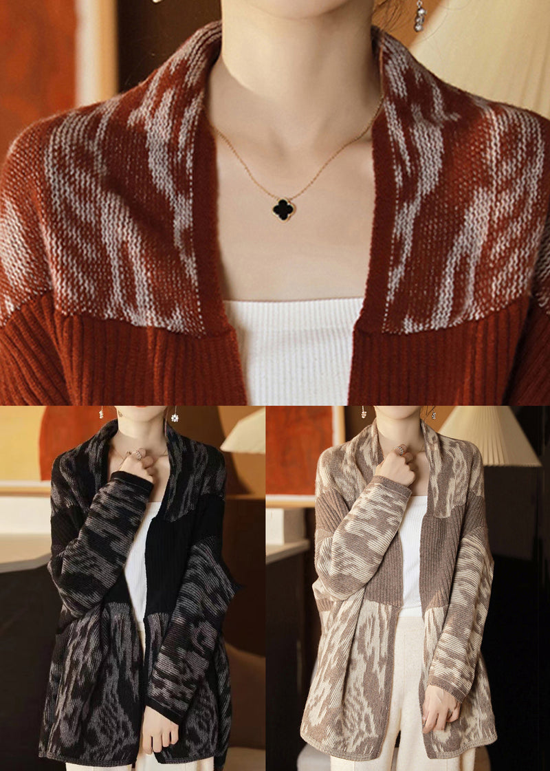 French Red V Neck Patchwork Wool Knit Cardigans Long Sleeve Qa1041